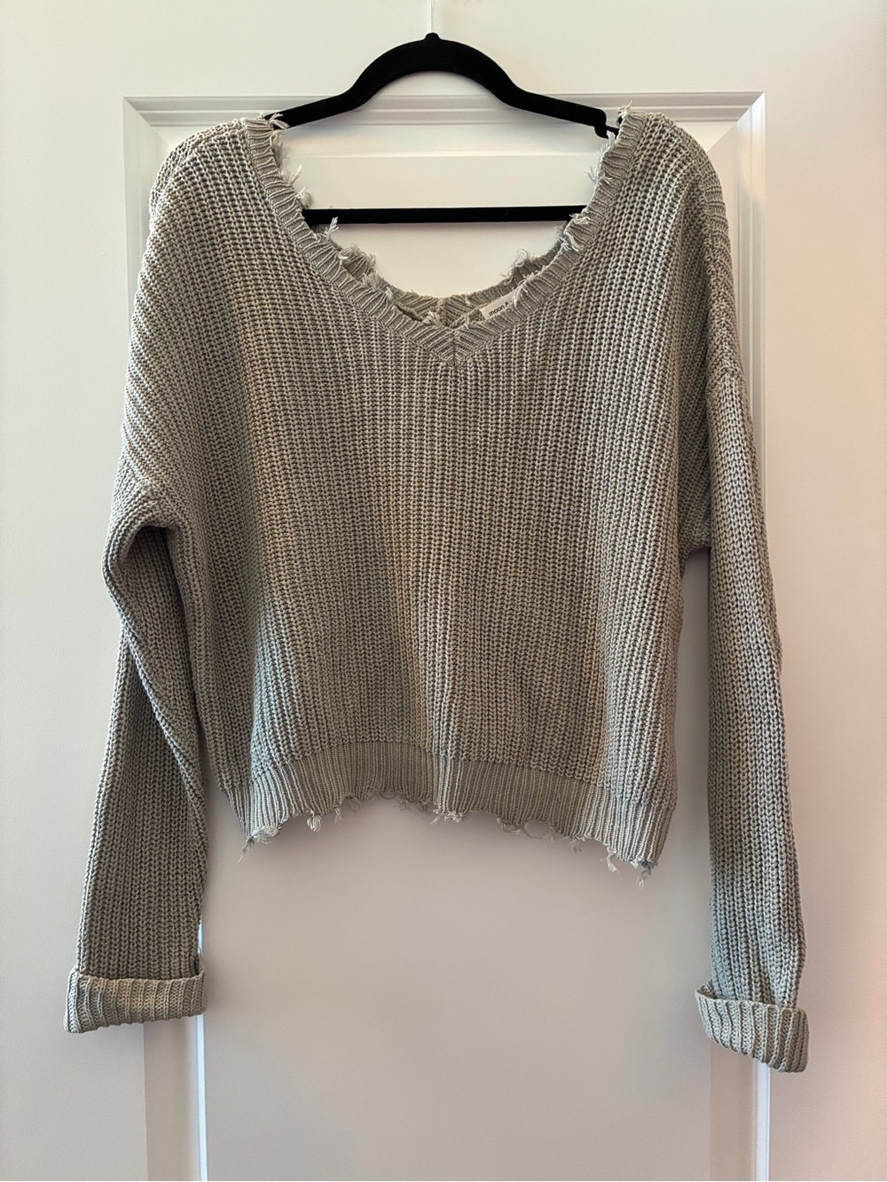 Green Women’s Distressed V-Neck Knit Sweater